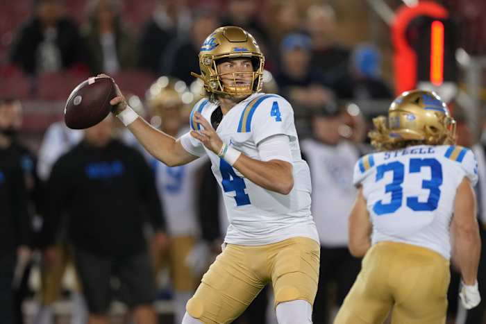 Oct 21, 2023; Stanford, California, USA; UCLA Bruins quarterback Ethan Garbers (4) throws a pass against the Stanford Cardinal during the first quarter at Stanford Stadium. Mandatory Credit: Darren Yamashita-USA TODAY Sports